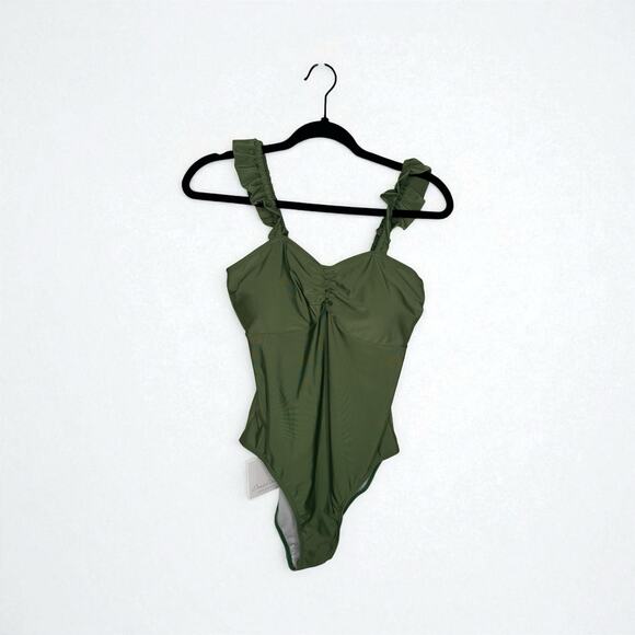 Onda De Mar Women’s One Piece Swimsuit Olive Green Ruffle Ruched Front NWT - Picture 3 of 6